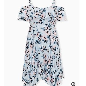 Light Blue Floral Cold Shoulder Handkerchief Dress